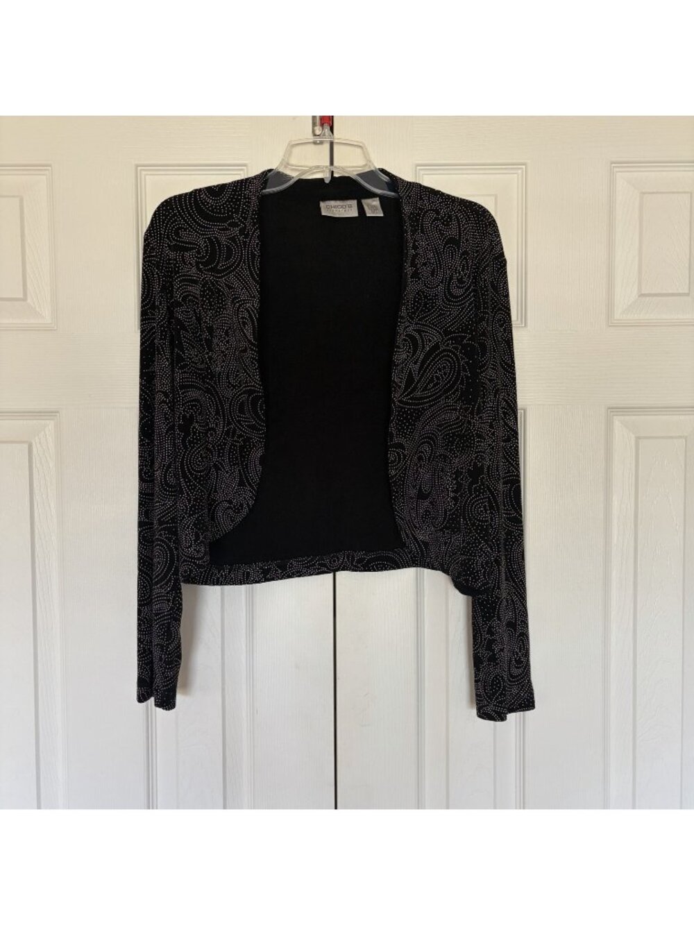 Chico's Travelers Collection Size Medium Black Open Front Paisley Metallic Top